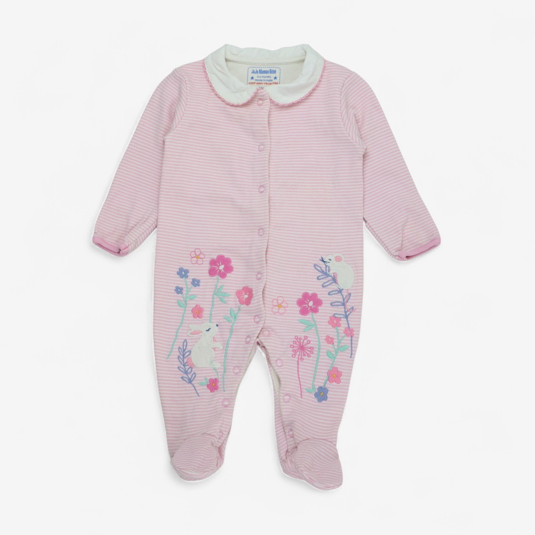 Jojo Maman Bebe, Sleepsuit Pink Striped Collared Rabbit & Mouse, 3-6 Mont...